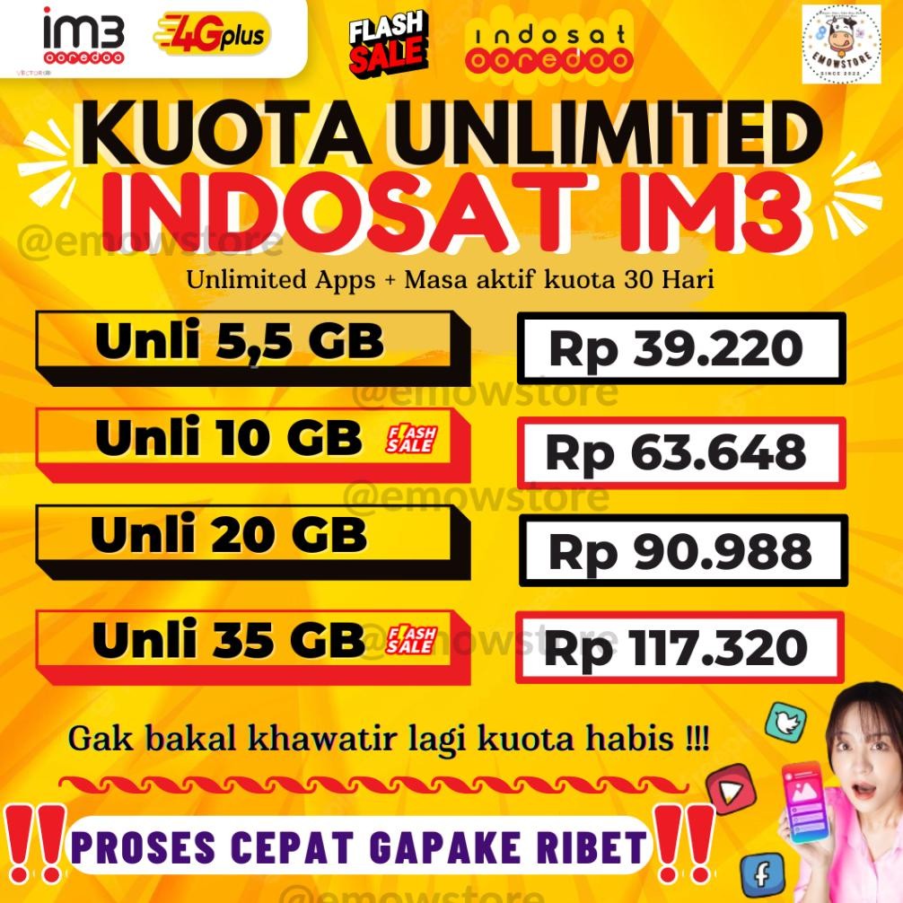 Promo Kuota Unlimited Indosat Im3 5,5Gb 10Gb 20Gb 35Gb Masa Aktif 30 Hari Murah