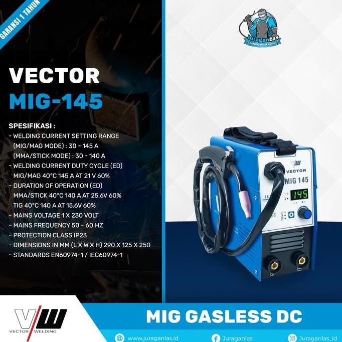 Vector Mig-145 Gasless DC Mig Welding Machine Mesin Las MIG Non Gas