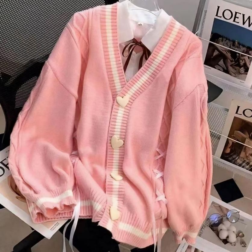 GS - Cardigan Rajut Pita Love Korea Outer Wanita Remaja Girly | Cardigan Lucu Pita Cute Tebal Oversi
