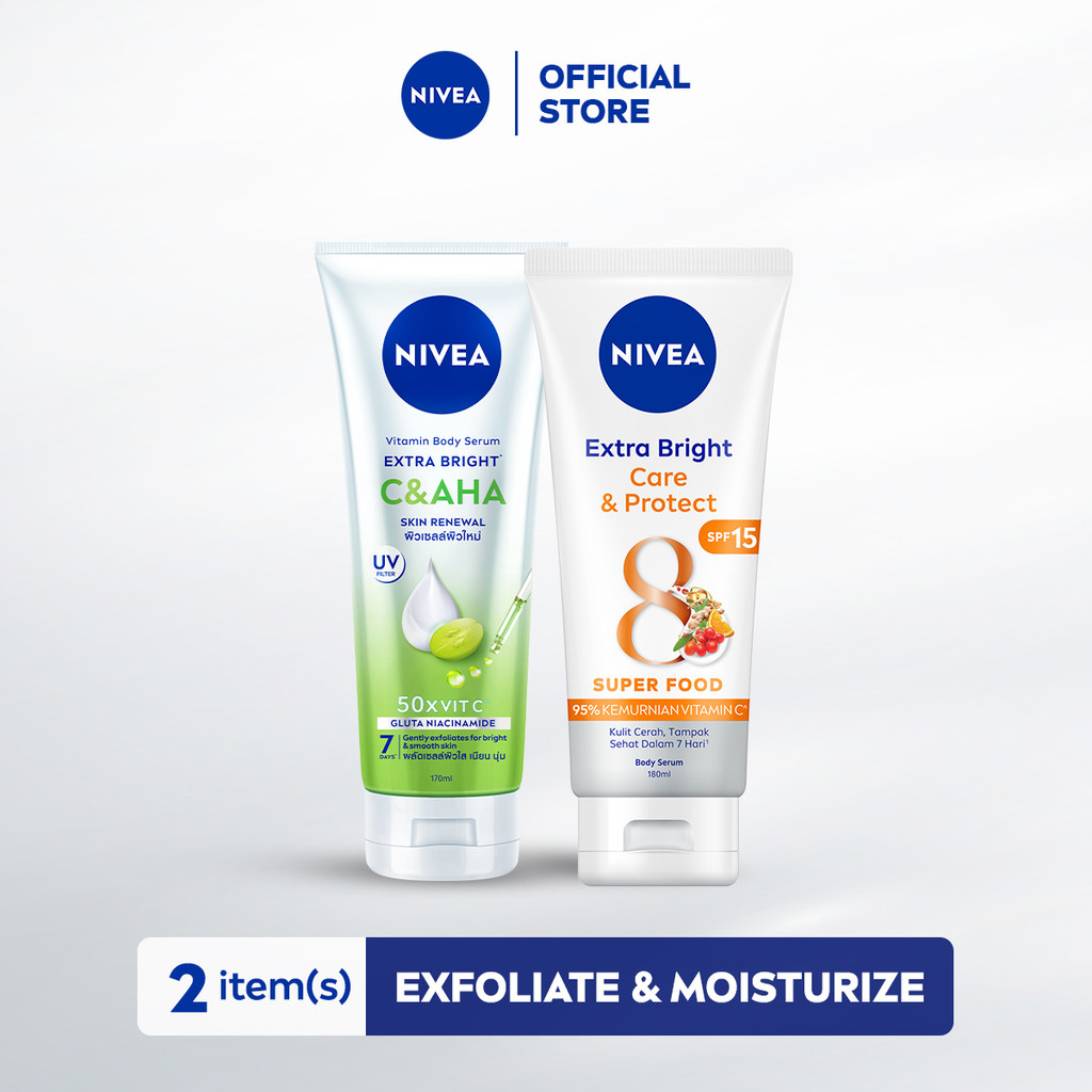 Exfoliate & Moisturize Bundle - NIVEA Body Serum Extra Bright C&AHA Skin Renewal 170ml & Care & Prot