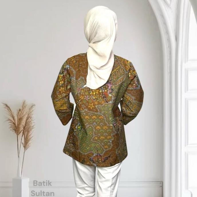 Atasan Blouse Batik Wanita Kain Katun Hand Print Kombinasi Linen Bordir Premium Elegan Lapisan Furin
