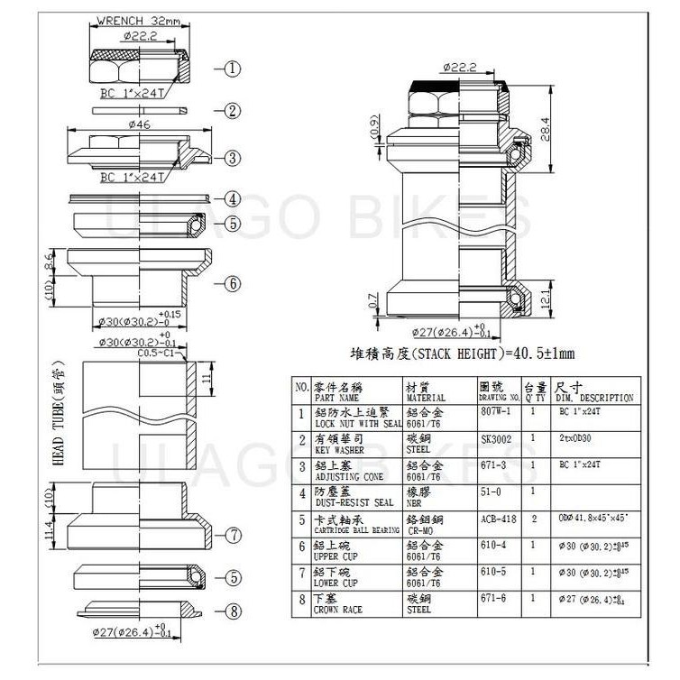 Headset Neco Taiwan H671 Bearing Sepeda 22.2Mm Kom Mangkok Fork Garpu