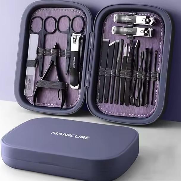 Trendy Set 18 Pcs Manicure Pedicure Box Best Quality Bahan Carbon Steel Perlengkapan Alat Gunting Ku