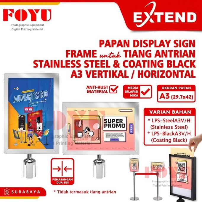 

BEBAS ONGKIR - Papan Display Sign Frame Tanda Board Banner Iklan Poster Untuk Tiang Pembatas Antrian Stainless Steel Coating Black A3 Vertikal Horizontal Extend Transparan