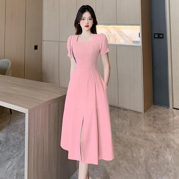 7868 elegant PINK long dress formal korean style vintage big size floral dress cantik wanita hitam w