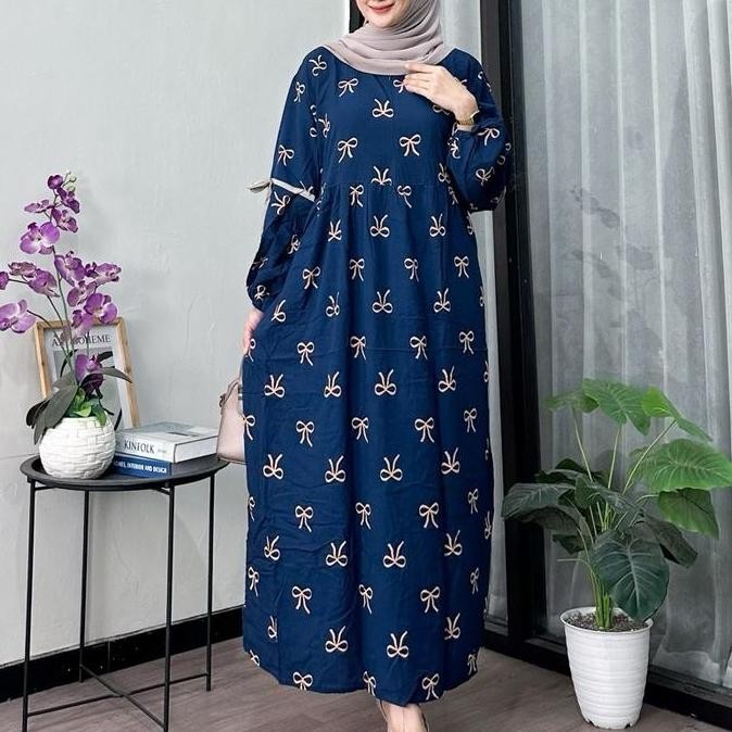 (Good) Gamis motif pita-bahan rayon premium Ld 120 busui friendly lengan panjang muat bb 90 kg daste