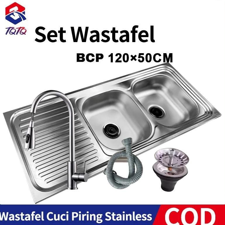 TQTQ Bak/Wastafel Cuci Piring Stainless 120*50 Cm Dapur Dua Lubang Kitchen Sink Set Lengkap