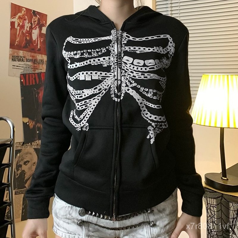 Y2K Subculture Chain Skeleton Print Loose Hoodie Sweatshirt Hot Girl Street Niche Casual Zipper Thin
