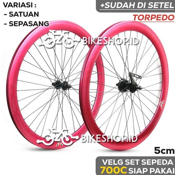 Velg Set Sepeda 700C 5CM MERAH MAGENTA BELAKANG TORPEDO / DEPAN Alloy Rims Roda Siap Jadi Fixie Bala