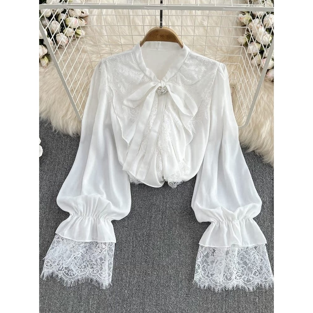 Blus Vintage Wanita Berkualitas Tinggi Kemeja Pita Lengan Lonceng Renda Longgar Elegan