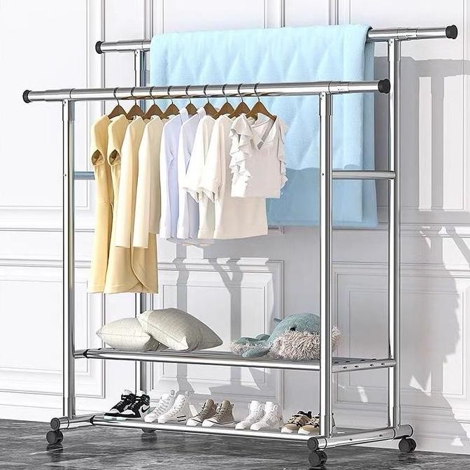 Rak Gantungan Baju Berdiri Stainless Steel Tebal Jemuran Baju Stainless Jemuran Baju Dobel Pool Roda