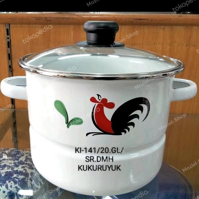 Promo Panci kukus enamel motif ayam jago / dandang tutup kaca / uk 20 cm COD