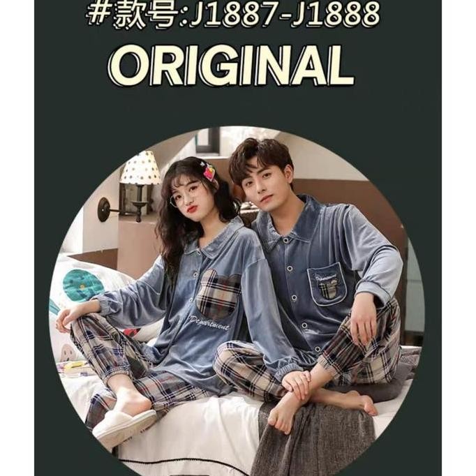 Setelan baju tidur couple bahan brudu premium lengan panjang celana panjang Cowok Pasangan
