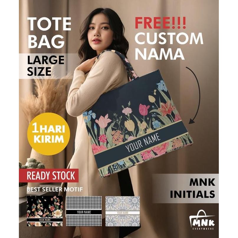 BEBAS ONGKIR - TOTEBAG NAMA | Tas kanvas | MNK bag Initial Large size Bisa Custom Nama - Ukuran 41x3