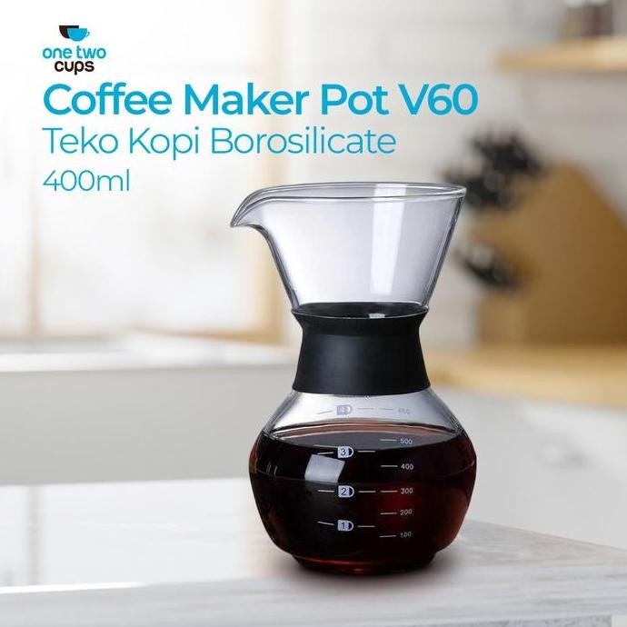 One Two Cups Coffee Maker Pot V60 Teko Kopi Borosilicate 400Ml Dengan Mulut Ergonomis & Tahan Panas 