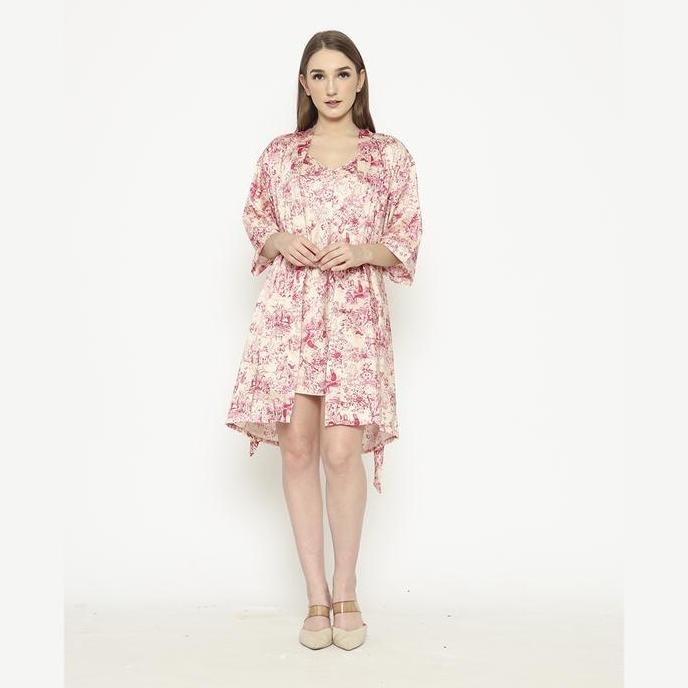600619-Cynthia Kimono Set 2 In 1 Motif Bunga - Brown