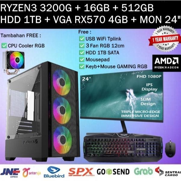 NEW PC GAMING Entry Level AMD RYZEN 3 3200G 4,0GHz|DDR4 16GB|VGA RADEON RX 570 4GB|NVME 512 GB|HDD 1