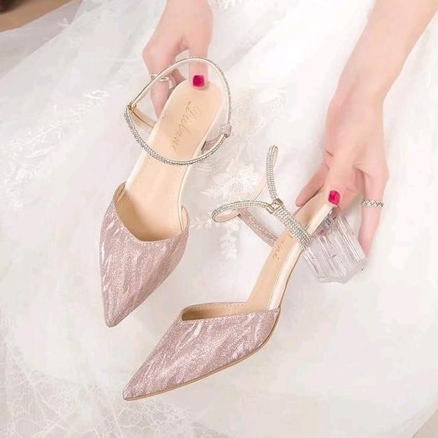 cinderella Series BH 02 Sandal Wanita Mules Heels Permata Hak Kaca 5 Cm Sepatu Pesta Kondangan Wanit