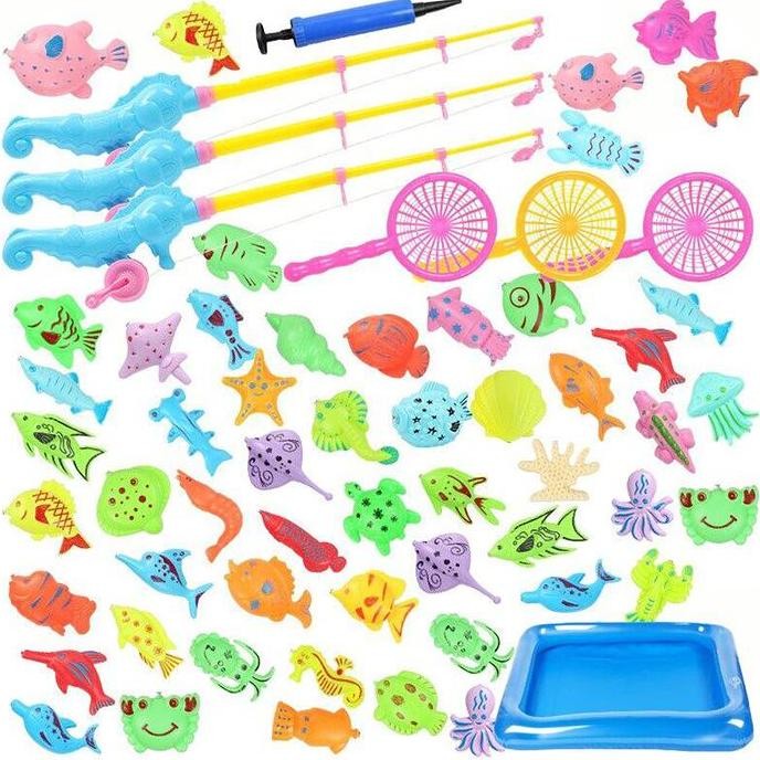 Mainan Pancing Ikan Anak-Anak 50Pcs Mainan Pancing Ikan Magnet Dan Kolam Pancingan Magnet Anak Maina