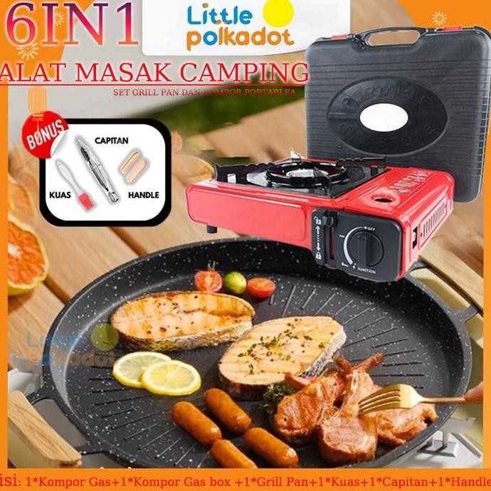 LittlepolkadotSet Grill Pan Dan Kompor Portablea Alat Panggangan Grill Pan BBQ Korean Wajan BBQ Gril
