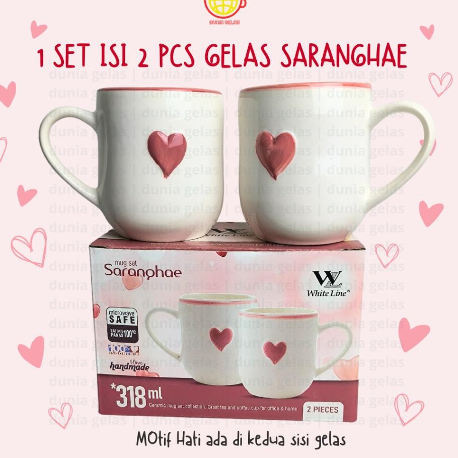 1 Set Isi 2 Pcs Gelas Mug Saranghae 318 Ml Gelas Keramik Set Gelas Kado Cangkir Keramik Motif Hati G