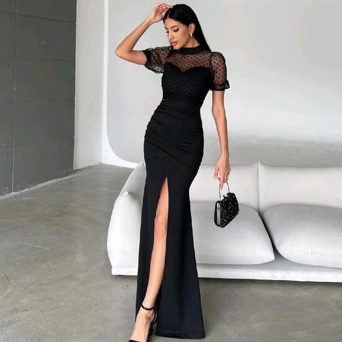 LooWear Long Dress Pesta Bodycon Duyung Lengan Pendek Tile Polkadot Premium Koleksi Butik CS