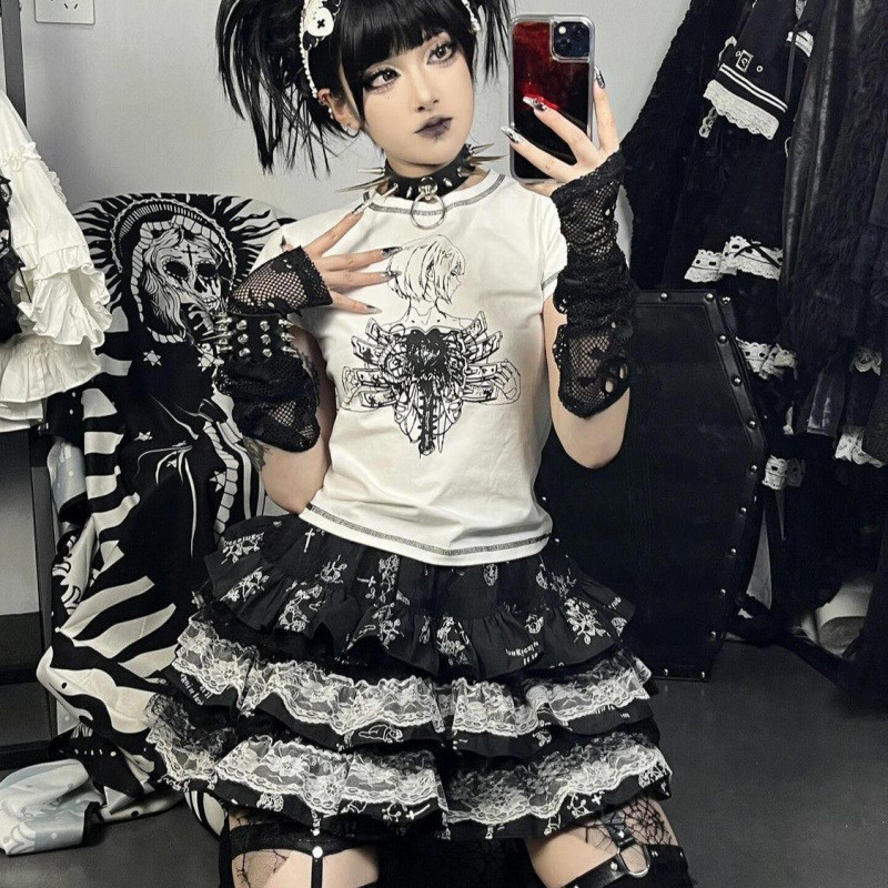 Subculture Punk Hot Girl Half Skirt y2k Harajuku Puff Skirt Puff Anti-Exposure Lace Short Skirt Non-