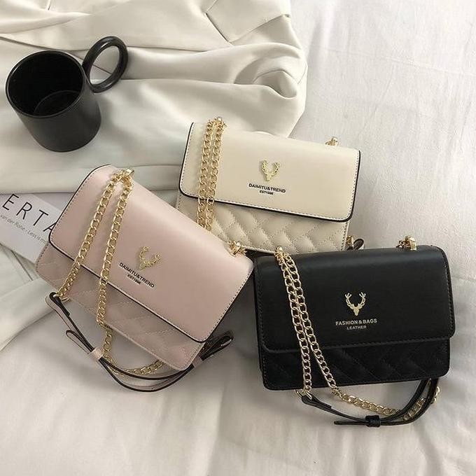 Tas Selempang Wanita Tali Rantai / Slingbag Wanita Tali lantai Shoulder Bag Wanita TGJ066 Hitam,Puti