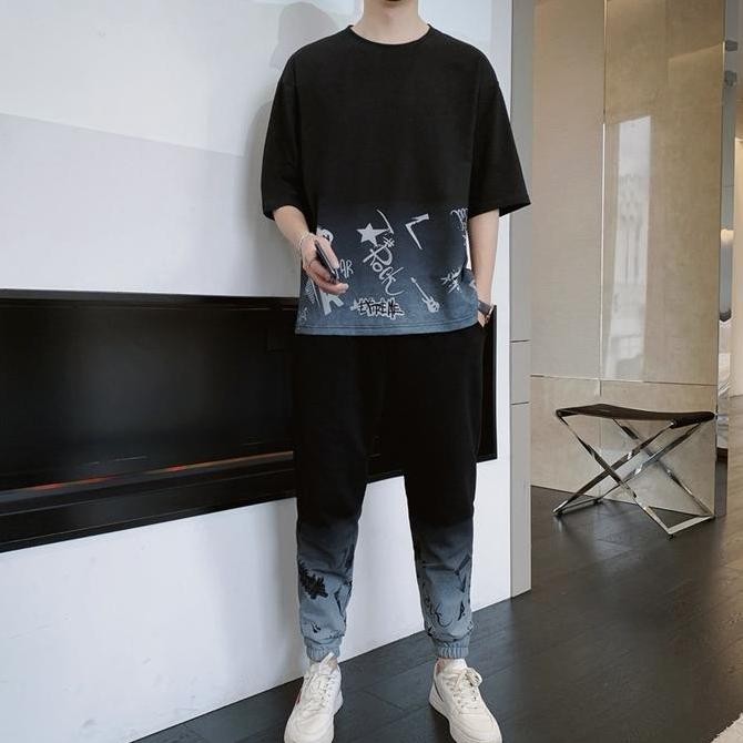 Setelan Kaos Oversize Rock Star Pria Distro Stelan Cowok Celana Jogger