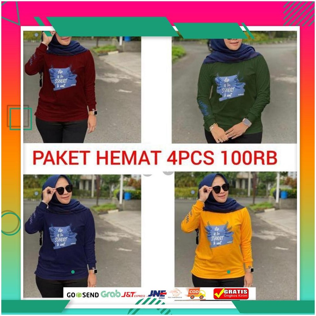 Paket Hemat 4Pcs Atasan Wanita Muslimah - Kaos Wanita Lengan Panjang - Atasan Jumbo Ld 110Cm Bahan B