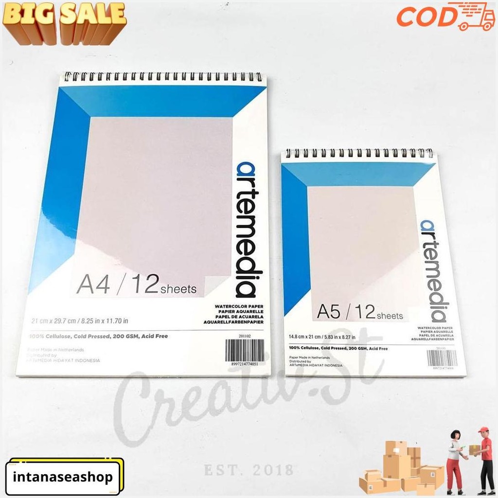 Artemedia Watercolor Book A5 A4 Wirebound Sketchbook 200 Gsm 12 Sheets Siap Kirim