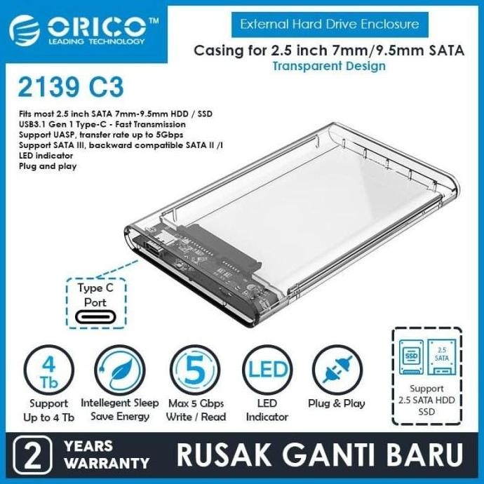 TERMURAH - ORICO 2139C3 2.5 inch Type-C Transparent Hard Drive Enclosure - 2139C3- Centratech