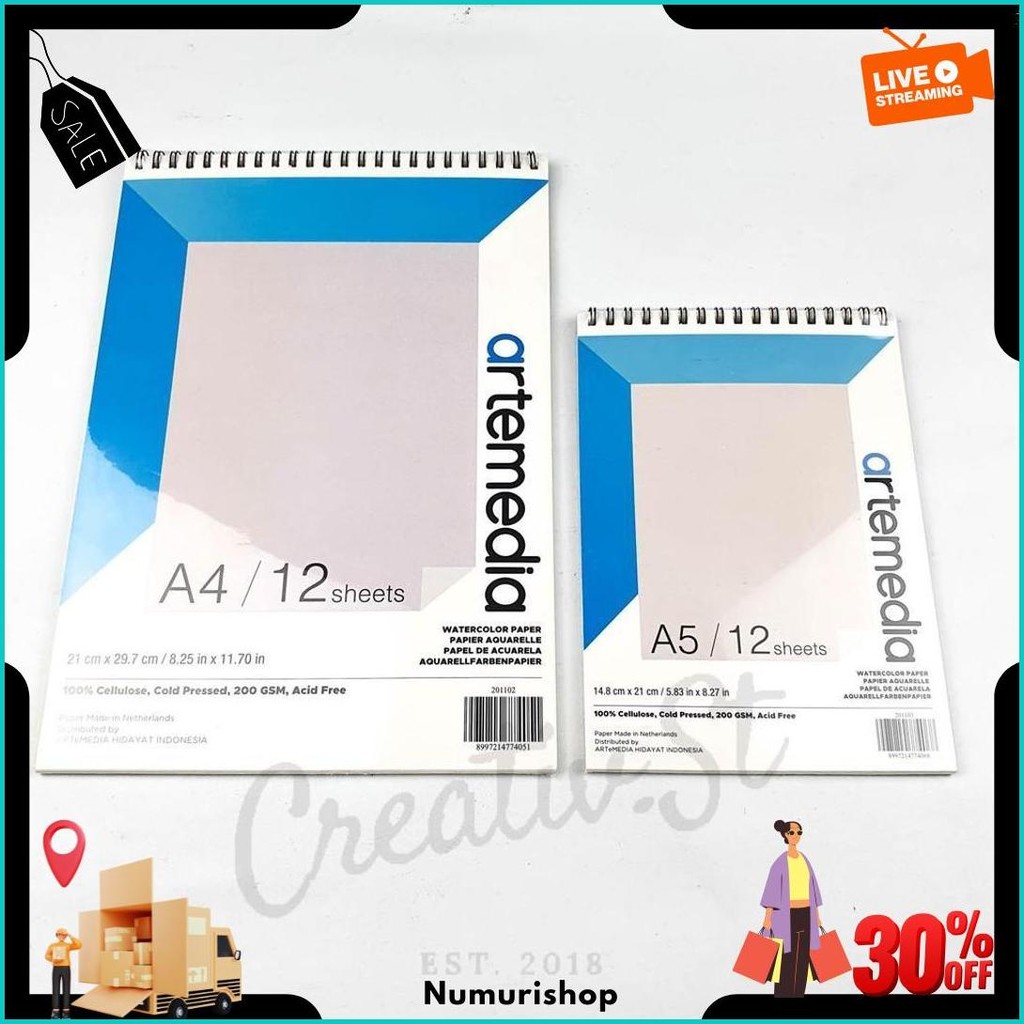 Artemedia Watercolor Book A5 A4 Wirebound Sketchbook 200 Gsm 12 Sheets Terlaris