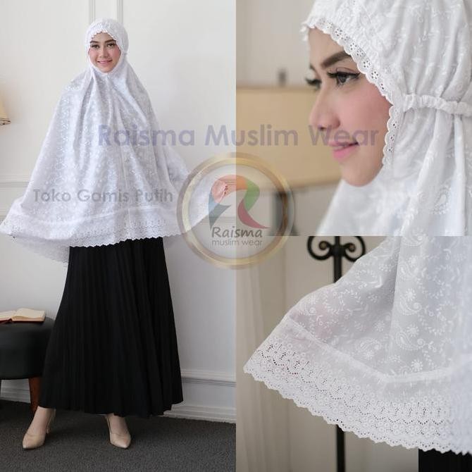 Promo Raisma - Kerudung Bergo Umroh Muslim Premium Warna Putih Hitam Katun Jepang Motif Bordir Panja