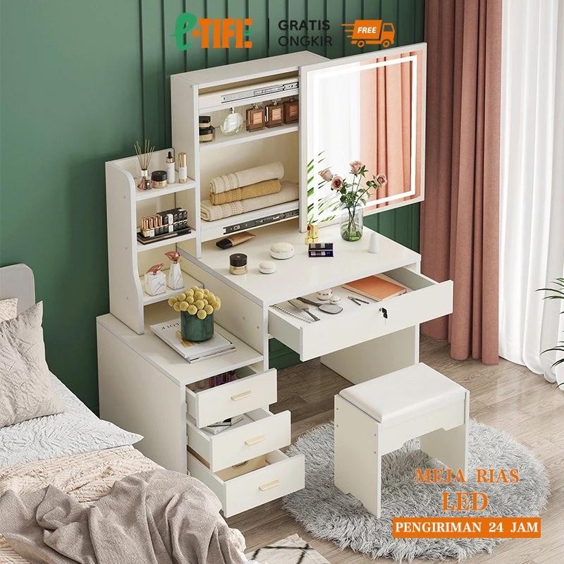 Meja Rias Putih Lampu Led / Meja Rias Kaca Sliding Minimalis / Meja Rias Aesthetic