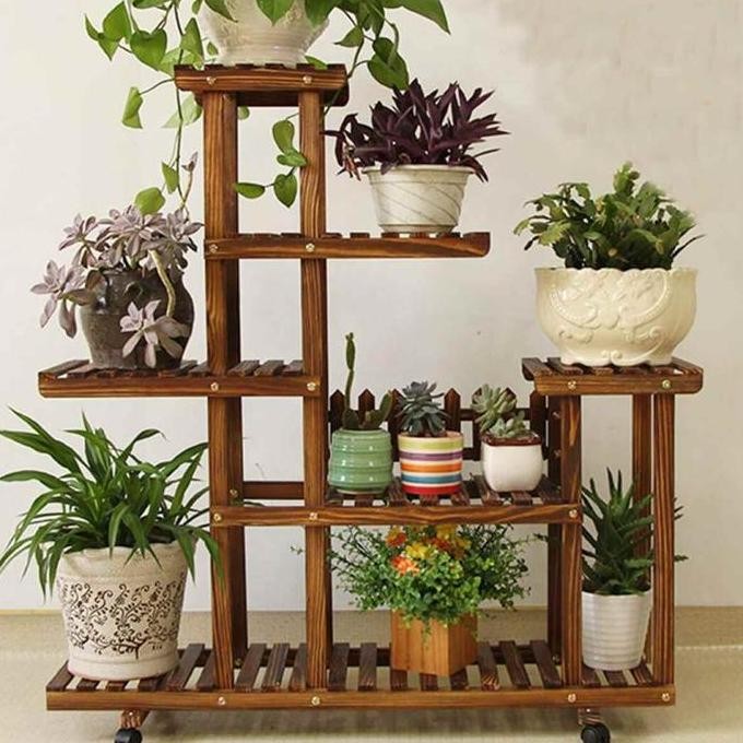 Rak pot bunga kayu unik cantik minimalis