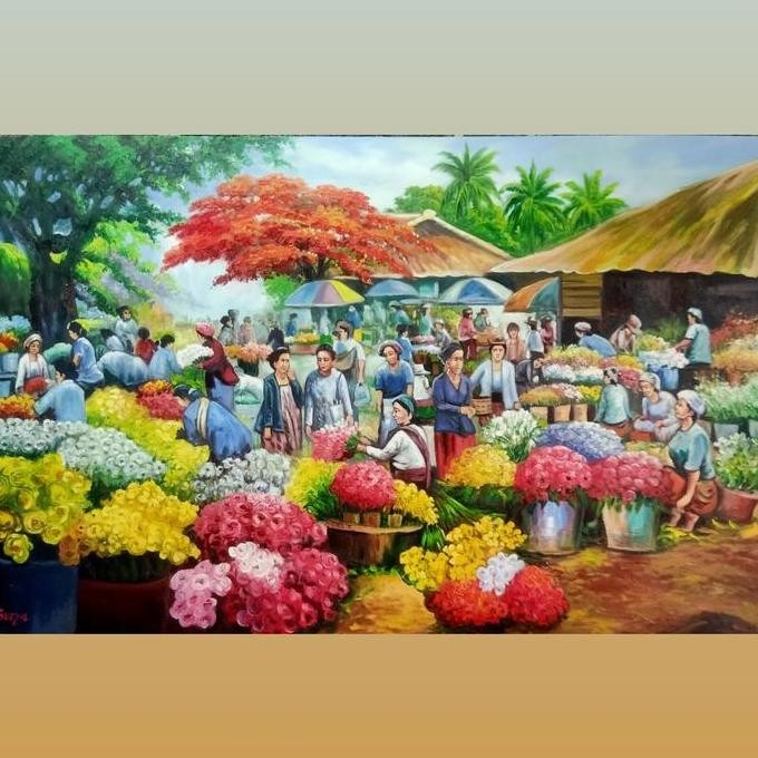 Lukisan kanvas Pasar Bunga Timbul - Lukisan Pasar Bunga - Bunga