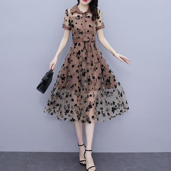 FANMU 4097 wanita gereja dress simpel elegan korean style party kristen selutut brokat wanita kekini