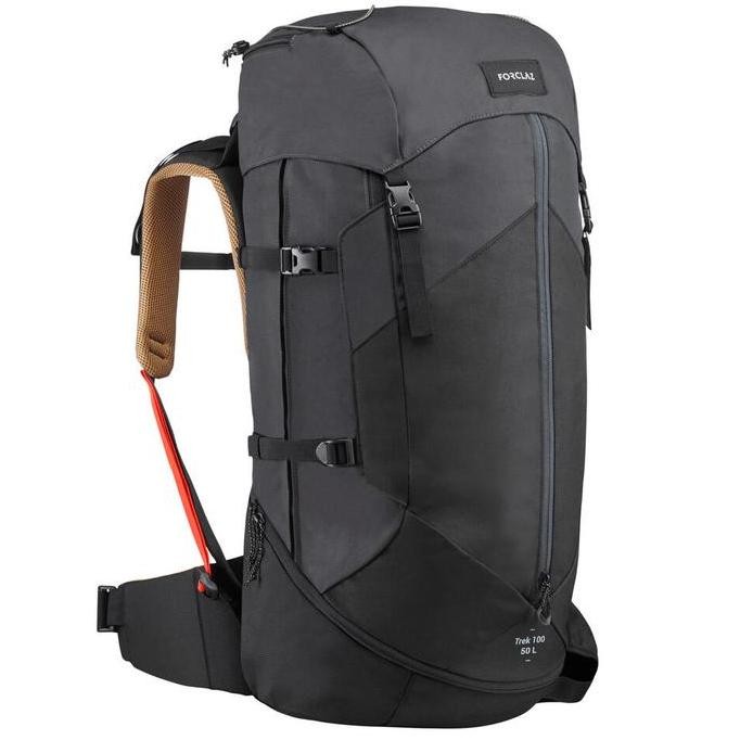 Decathlon Forclaz Tas Mendaki Pria Carrier Backpack Trek 100 Easyfit Black 50L - 8559690