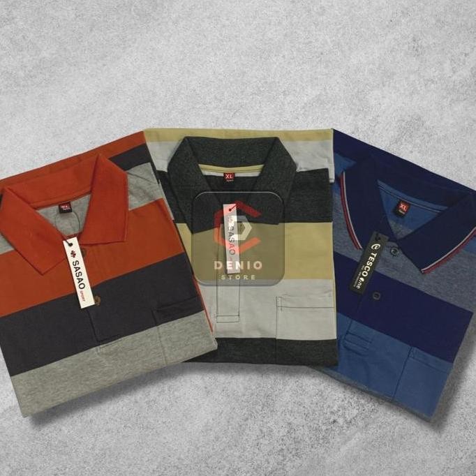 DB108 >> [HARGA SATUAN] Kaos Salur Berkerah Saku Depan Pria Dewasa | Kaus Krah Motif Garis Cowok Ker