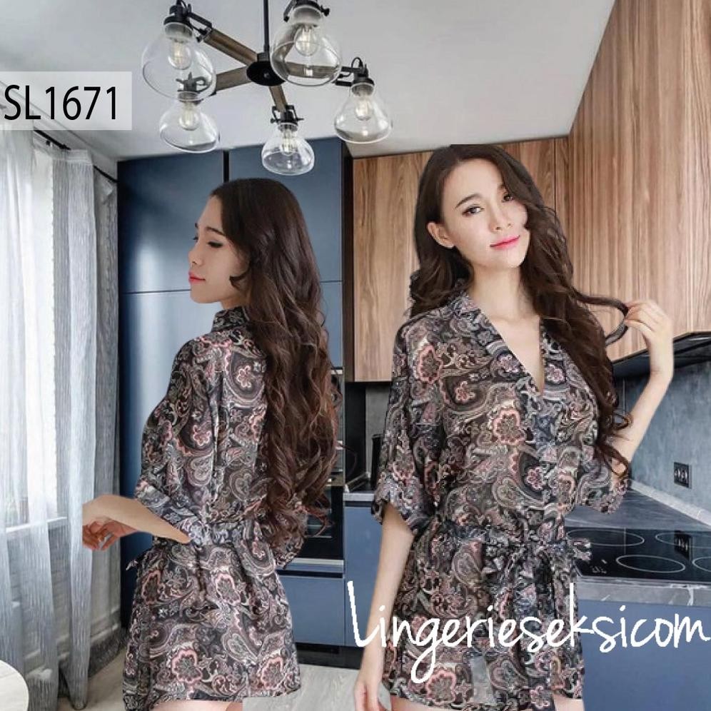 Baju tidur sleepwear kimono 1671 batik bunga flower lingerie sexy gstring baju tidur Bahan sifon BLI