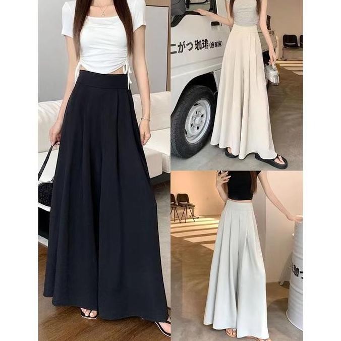 Hakama Kasual Pinggang Tinggi Lipit Tipis Wanita