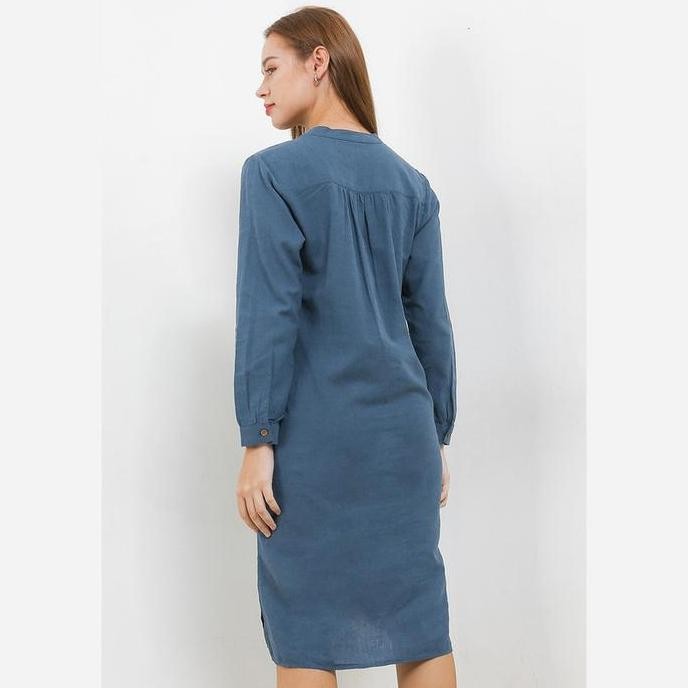 Giordano Long Sleeve Linen Cotton V-Neck Dress Wanita
