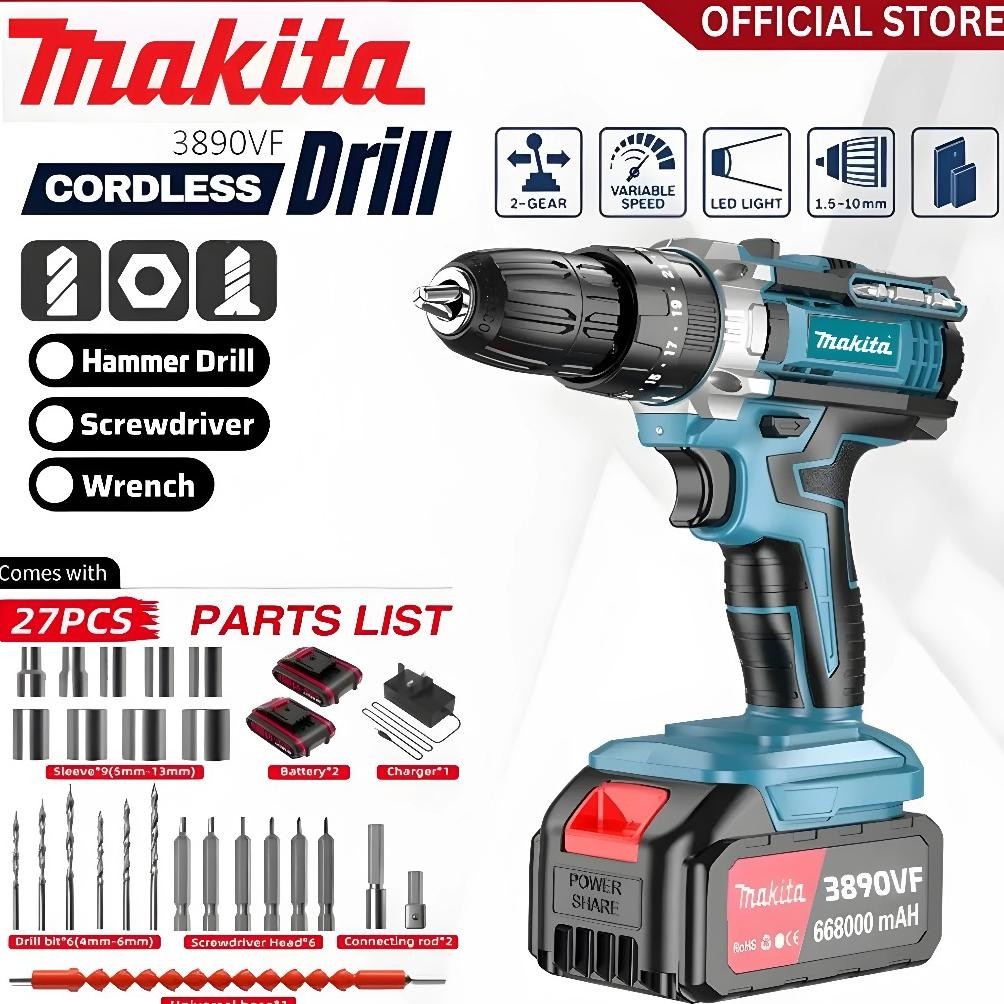 MAKITA Cordless Hand Drill 1288V / Bor Tembok Baterai (2 Set Baterai) - Bor Listrik Set Lengkap