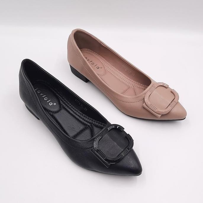 Promo Laviola 3176 LST - Sepatu Pantofel Kerja Wanita Black dan Apricot Shoes Flat Hitam COD