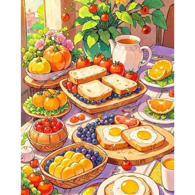 DIY paket kristik bunga food sarapan roti buah telur makanan full crossstitch 14ct
