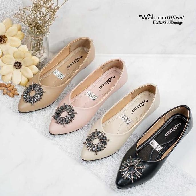 Promo Walcoo E-ALEVIERCA Sepatu Wanita Flat Shoes Formal Kasual Pesta Warna Hitam Cream Mocca dan Sa