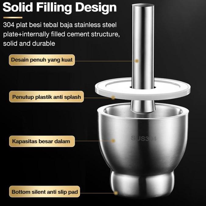 VELDORA- 304 stainless steel mortar bawang putih tumbuk obat toples tumbuk obat bawang putih mortar 