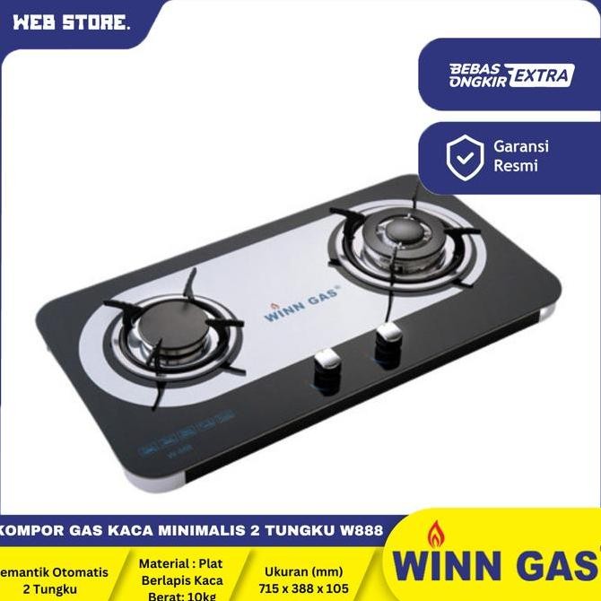 NANSO Kompor Gas Kaca Minimalis Pemantik Otomatis 2 Tungku W888 WINN GAS