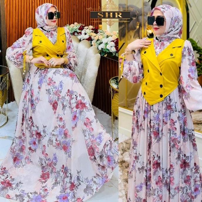 Shr Maxi Dres Gamis Set Hijab Rompi Scuba